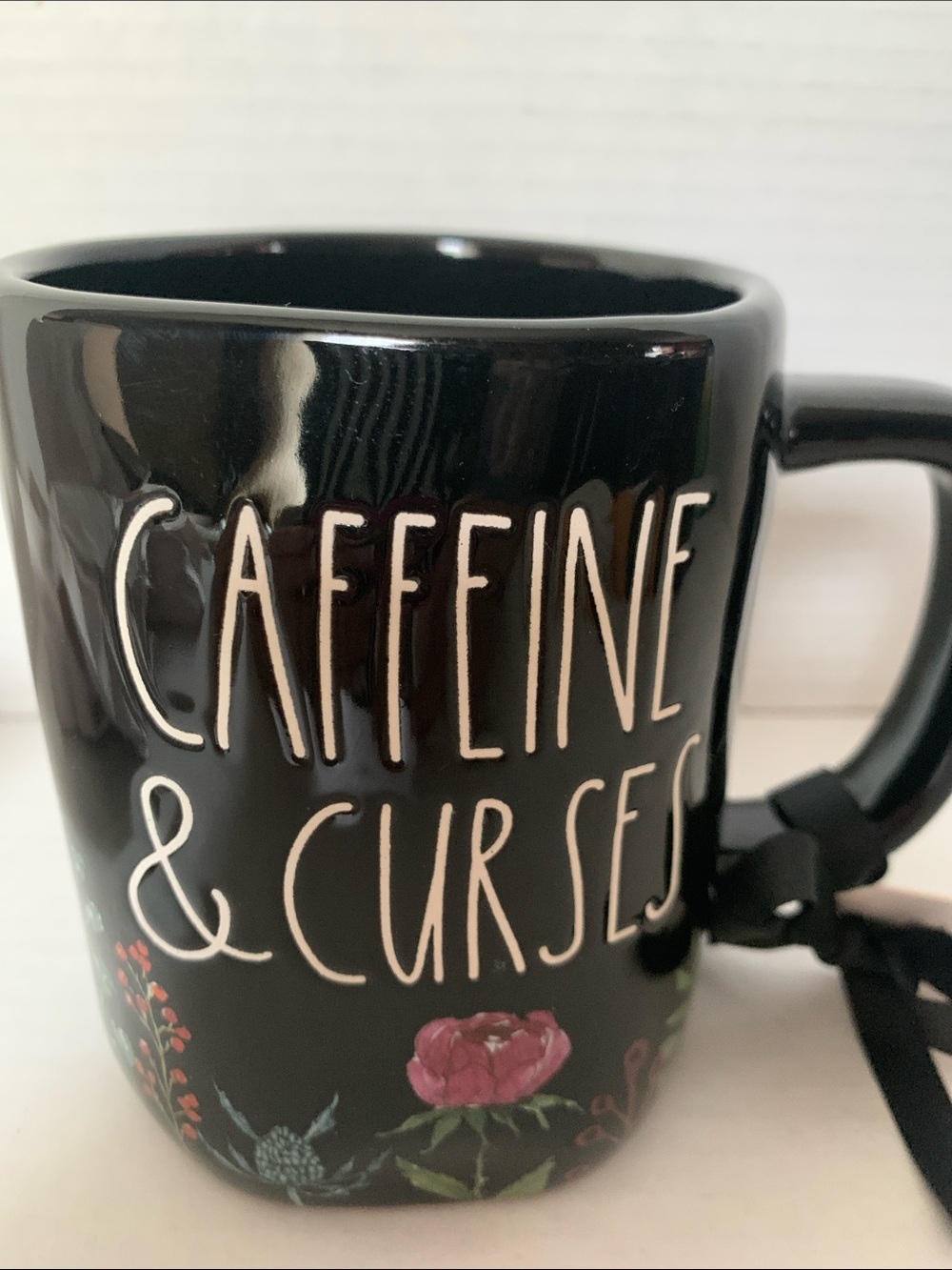 Rae Dunn Black "Caffeine & Curses" Floral Ceramic Mug